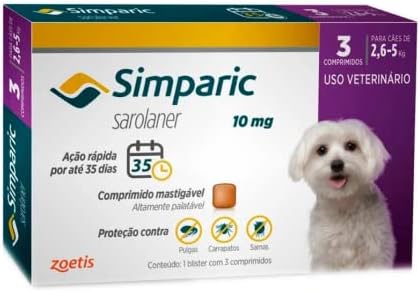 Zoetis Simparic 10Mg Para Cães De 2 6 A 5Kg Com 3 Comprimidos