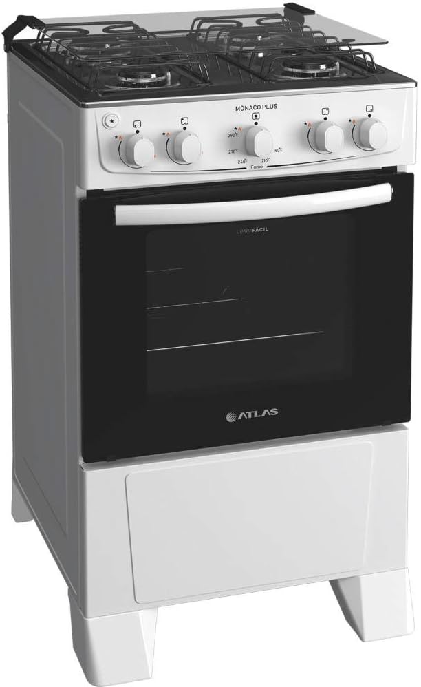 Fogão 4 bocas Atlas Mônaco Plus Branco Mesa inox e acendimento automático