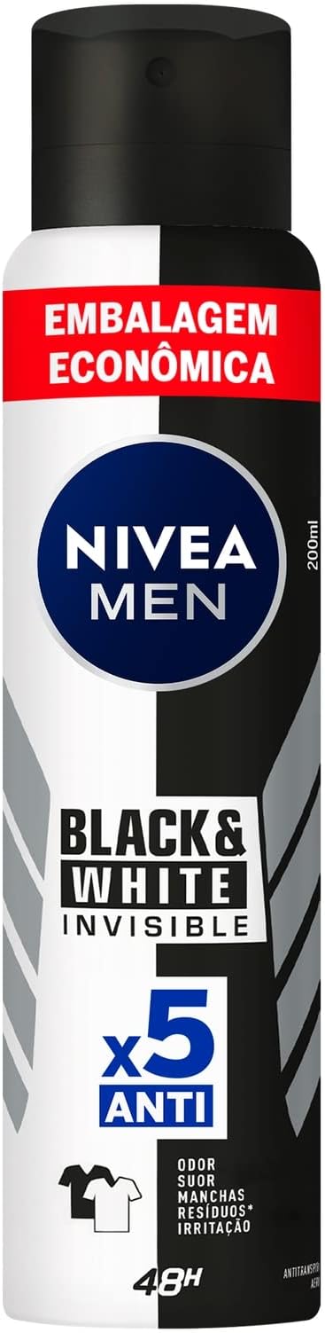 NIVEA MEN Desodorante Antitranspirante Aerossol Invisible Black & White 200ml - Proteção eficaz de 48 horas contra suor e mau odor