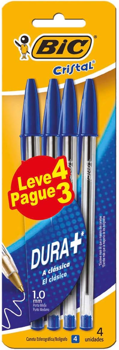 Caneta Azul Bic Cristal Dura Mais – Ponta Esferográfica Média de 1.0mm. Escrita Macia e Cor Intensa – Leve 4 Pague 3 – Pacote 4 Canetas