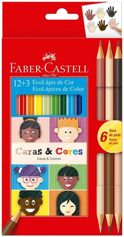 Lápis de Cor Ecolápis Caras & Cores 12 Cores + 6 Tons de Pele