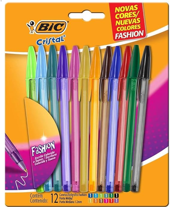 Canetas Coloridas Bic Cristal Fashion 12 Cores Vibrantes