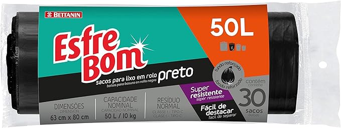 Bettanin Saco Para Lixo Preto Rolo Com 30 Sacos De 50 Litros Linha Esfrebom